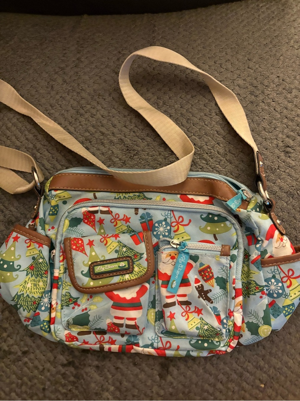 Lily Bloom Christmas Crossbody Bag Holiday Print Multi Pocket Blue Vegan Leather